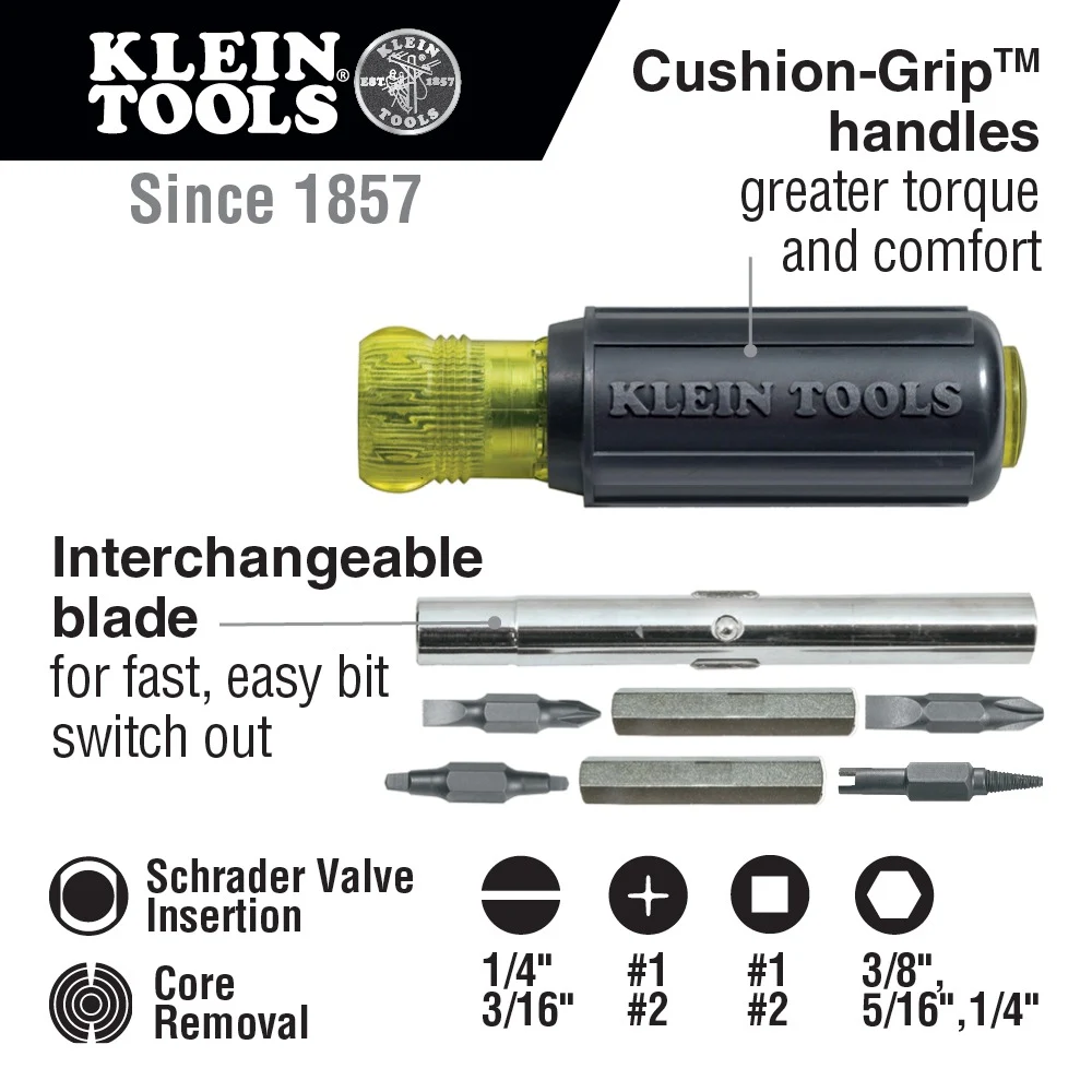 KLEIN TOOLS 32527 многофункциональная отвертка 11-в-1 для HVAC с насадками Schrader